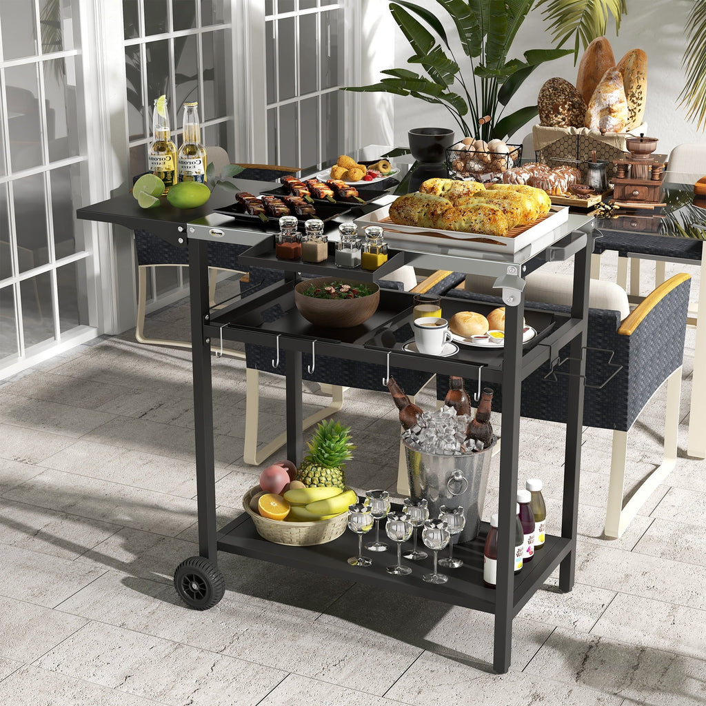 & & Tabletop, Shelf, Wheels, Bag Jars, with Outdoor Serving Hooks, Patio with Tiers Garbage with Island Cart 2 Spice Kitchen Seasoning Plates Stainless Towel Black & Bar Cart Holder, Steel