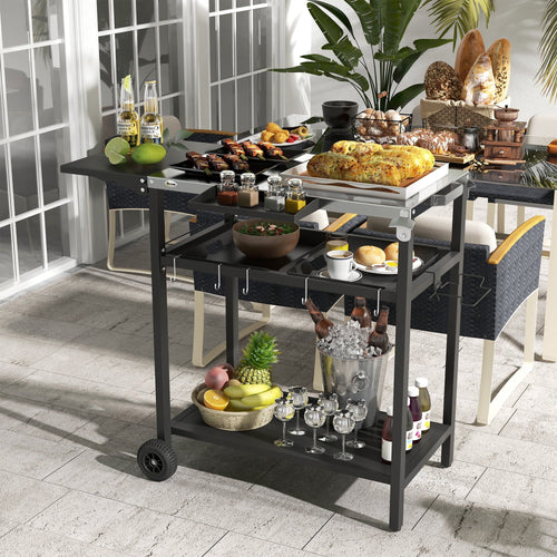 & & Tabletop, Shelf, Wheels, Bag Jars, with Outdoor Serving Hooks, Patio with Tiers Garbage with Island Cart 2 Spice Kitchen Seasoning Plates Stainless Towel Black & Bar Cart Holder, Steel