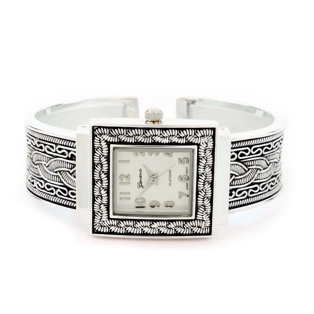Women's Western Watch Face Decorated Metal Square Silver Cuff Bangle Style