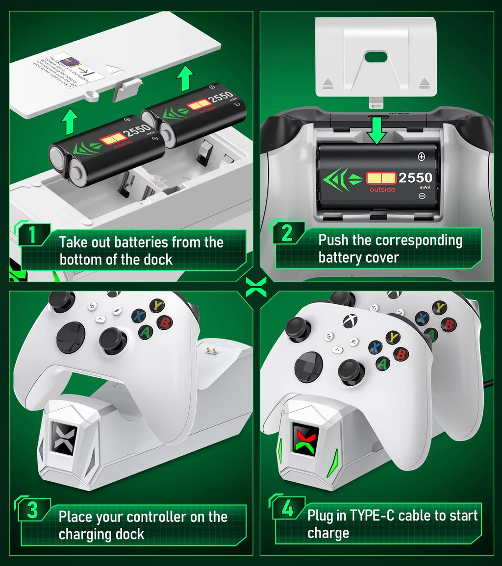 with 2x2550mAh Station Packs Xbox Rechargeable Xbox Controller Battery Charging Dock Charger,Xbox One/Series for Accessories-White Controller X|S