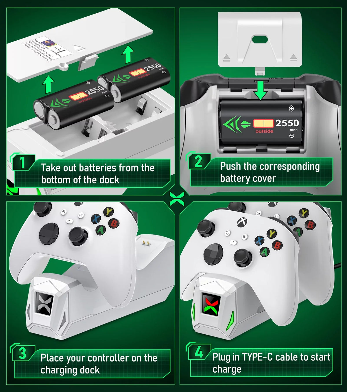with 2x2550mAh Station Packs Xbox Rechargeable Xbox Controller Battery Charging Dock Charger,Xbox One/Series for Accessories-White Controller X|S