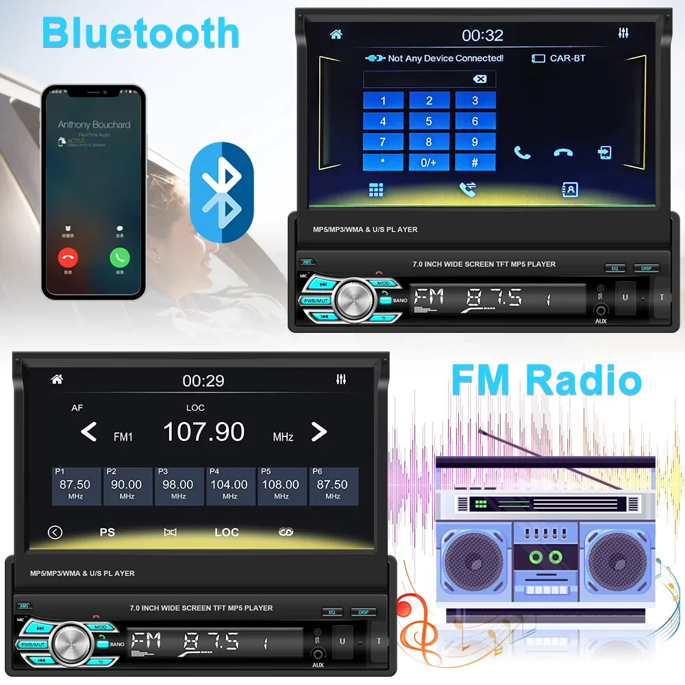 Retractable Function, Apple Auto Carplay Radio Link 7" Touchscreen Stereo Camera Player Car Video with Single Mirror Backup Android Bluetooth Universal 1 Podofo 12 Auto