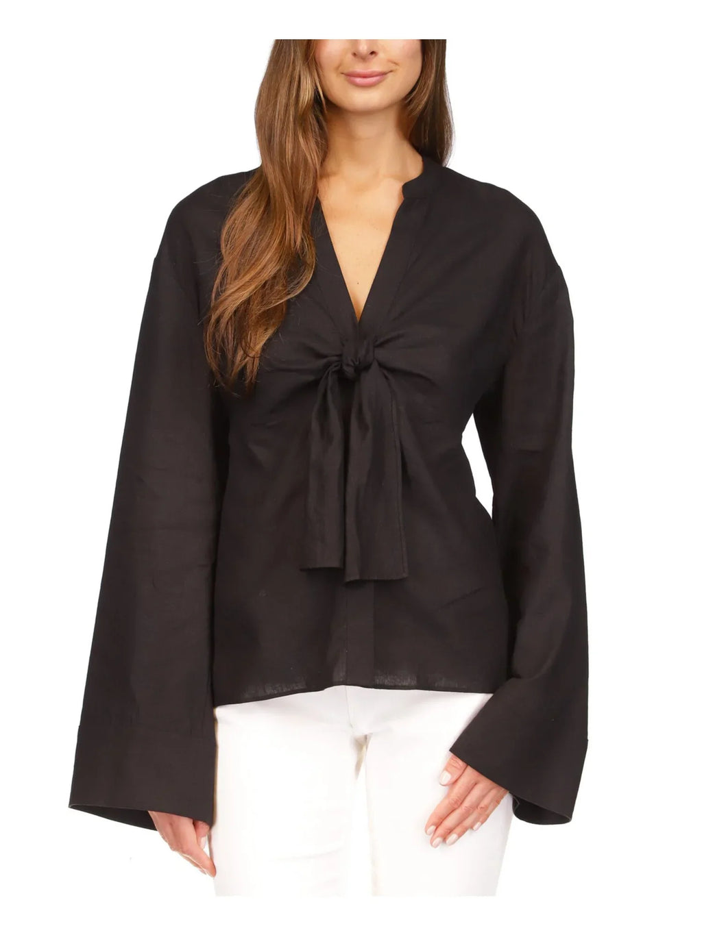 Split Sheer Top Bell Hem Womens Waist Unlined Black Button M Tie Curved Sleeve Up