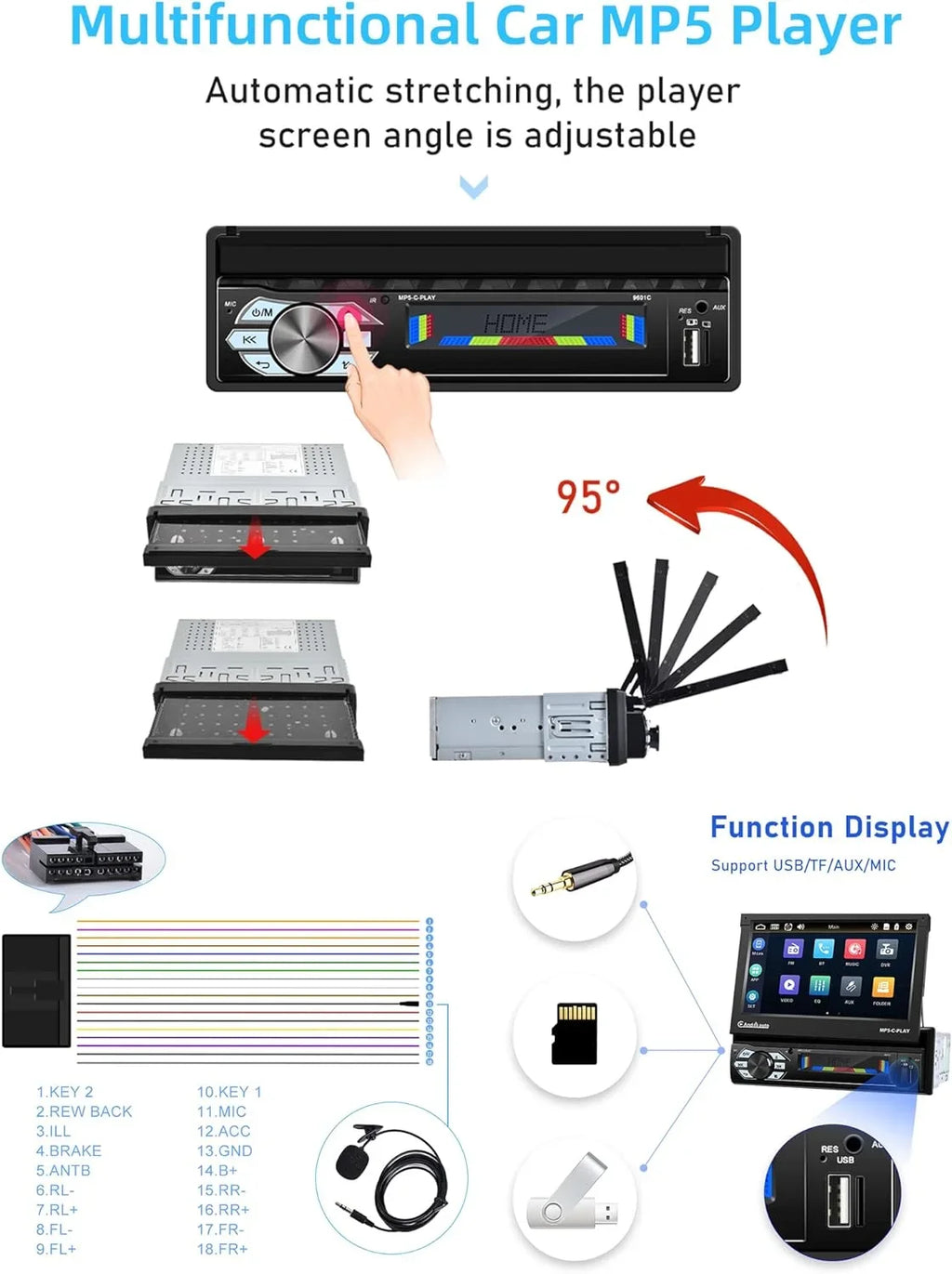 with Link,with Receivers Mirror Car Carplay Bluetooth,7 Car Stereo Phone Camera/ Port -in Auto Audio Support Out Radio,Car Flip Android Radio/Backup Inch Touchscreen