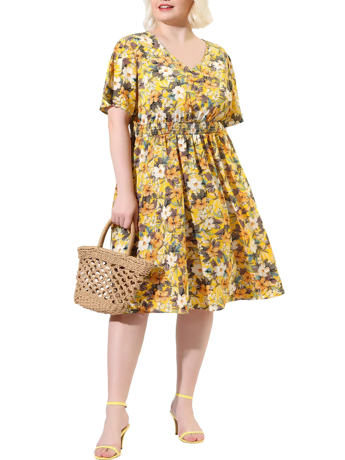 3X Plus Print V Neck Yellow Casual Sleeve Midi Juniors' Dress Flare Floral