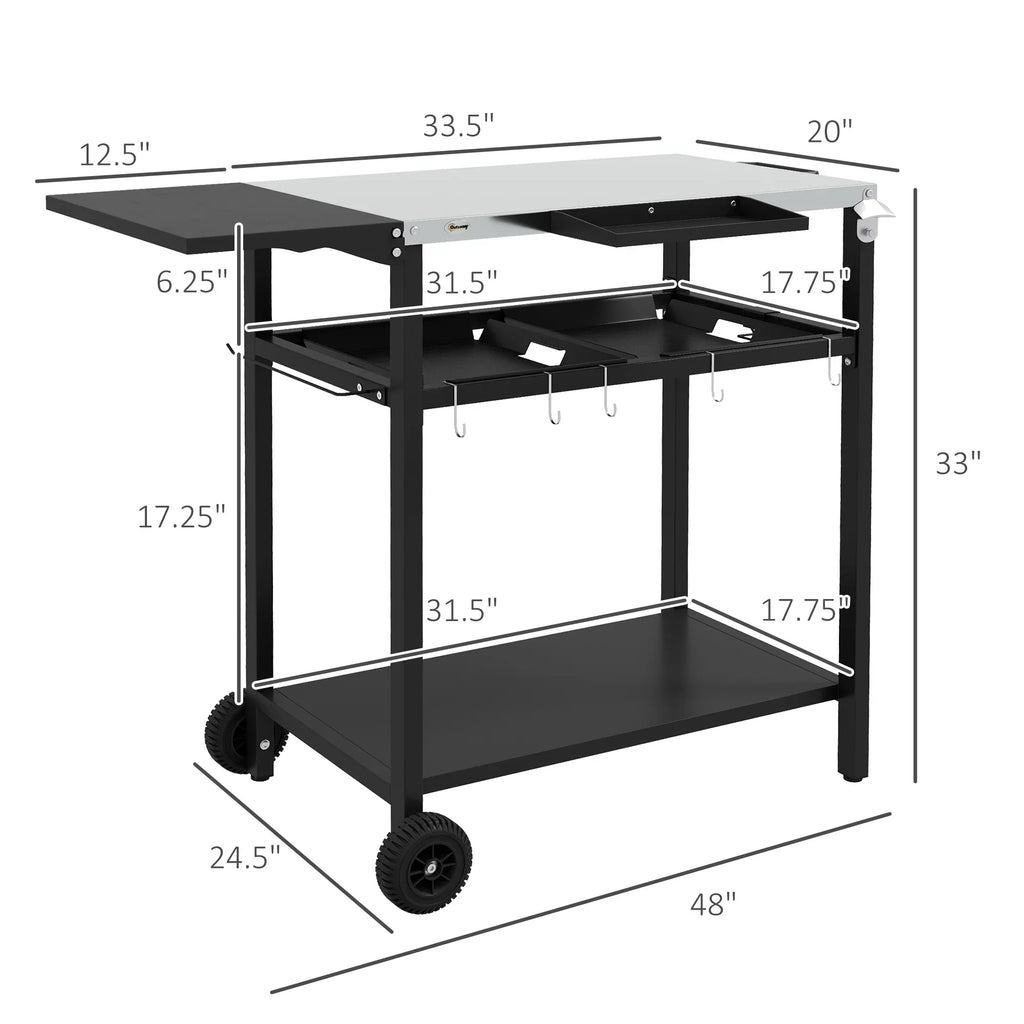 & & Tabletop, Shelf, Wheels, Bag Jars, with Outdoor Serving Hooks, Patio with Tiers Garbage with Island Cart 2 Spice Kitchen Seasoning Plates Stainless Towel Black & Bar Cart Holder, Steel