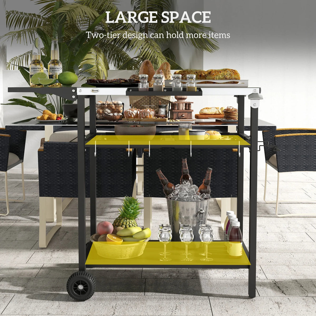& & Tabletop, Shelf, Wheels, Bag Jars, with Outdoor Serving Hooks, Patio with Tiers Garbage with Island Cart 2 Spice Kitchen Seasoning Plates Stainless Towel Black & Bar Cart Holder, Steel