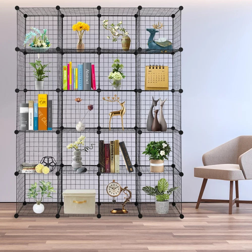 Bookcase Storage Cubbies Shelving Modular Grid Organizer Black Metal Unit 20-Cube