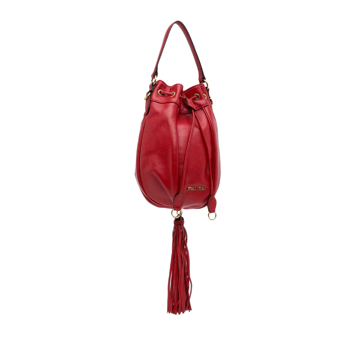 Miu Unisex Bucket Leather Accent Bag Pre-Owned (Good) Red Calf Tassel DrawstringBag Authenticated Miu
