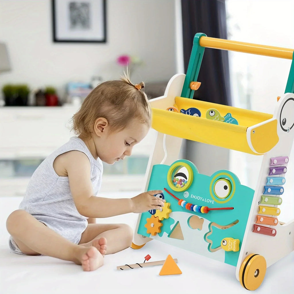 Multiple for Baby Learning Baby Infants Kids Activity Push Toddler Walker Along Toy Entertainment Sit-to-Stand Wooden Boys Push Walker Girls Trolley Sorter Shape with Fishing Center Xylophone