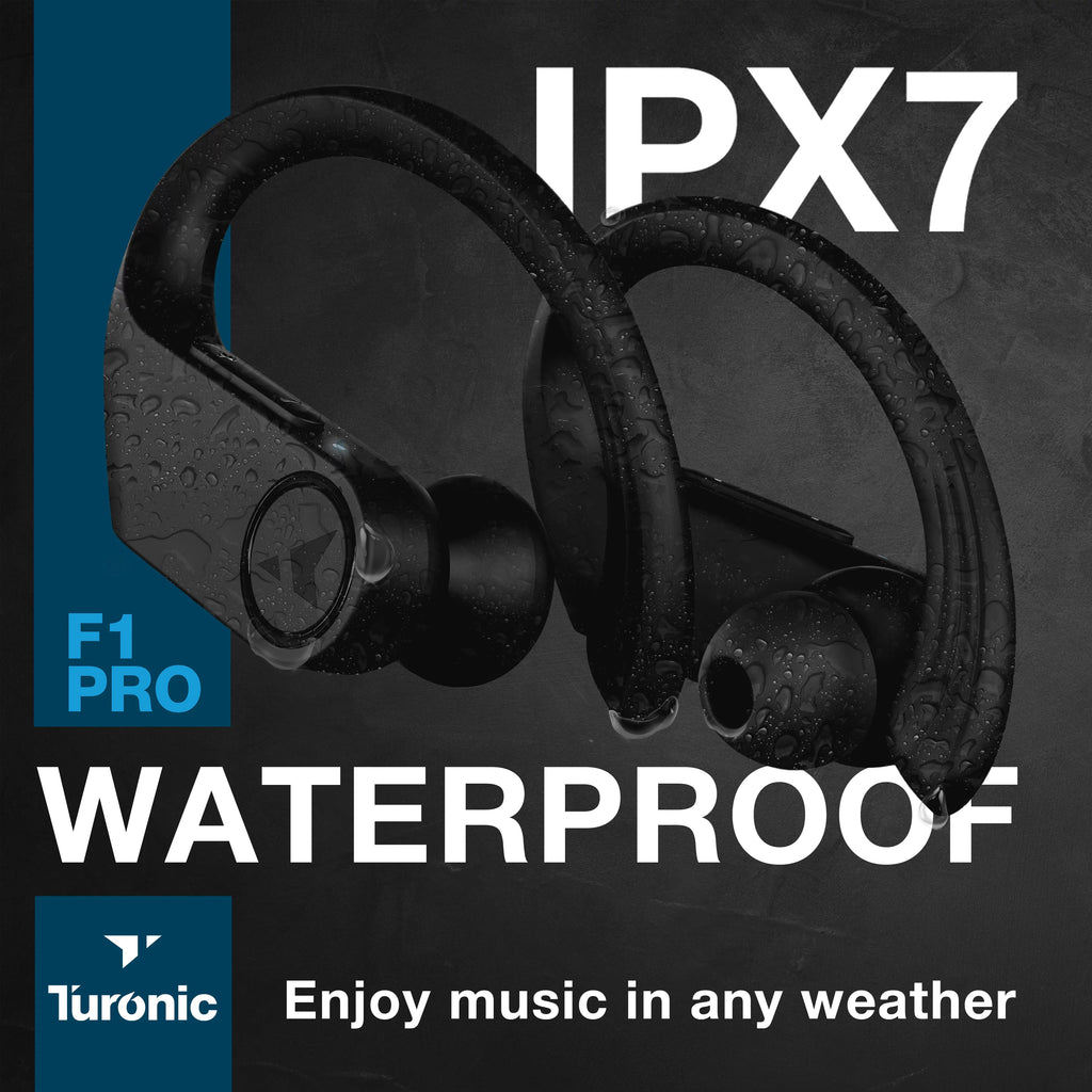 Earhook - for Charging Pro F1 Turonic Earbuds Headphones IPX7 Wireless Wireless True - 45H Running, Mic, Gym, case, with Sport w/Microphone Black Workout Playtime, - - Earphones Bluetooth Moistureproof