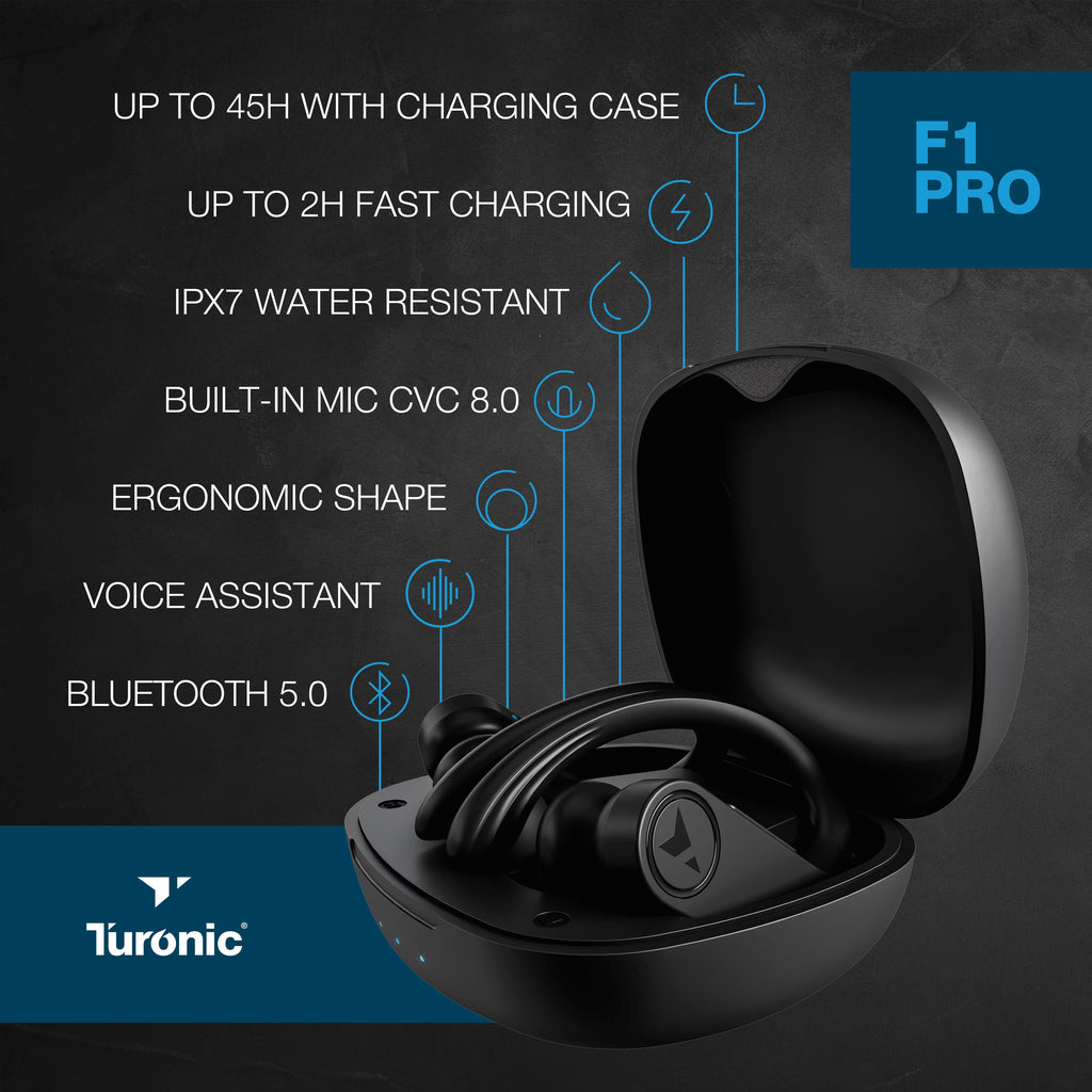 Earhook - for Charging Pro F1 Turonic Earbuds Headphones IPX7 Wireless Wireless True - 45H Running, Mic, Gym, case, with Sport w/Microphone Black Workout Playtime, - - Earphones Bluetooth Moistureproof