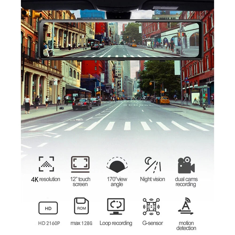 Dash View Backup WiFi Cam Voice Control Mirror 12" 4K Camera Car Kqiang Rear Dual