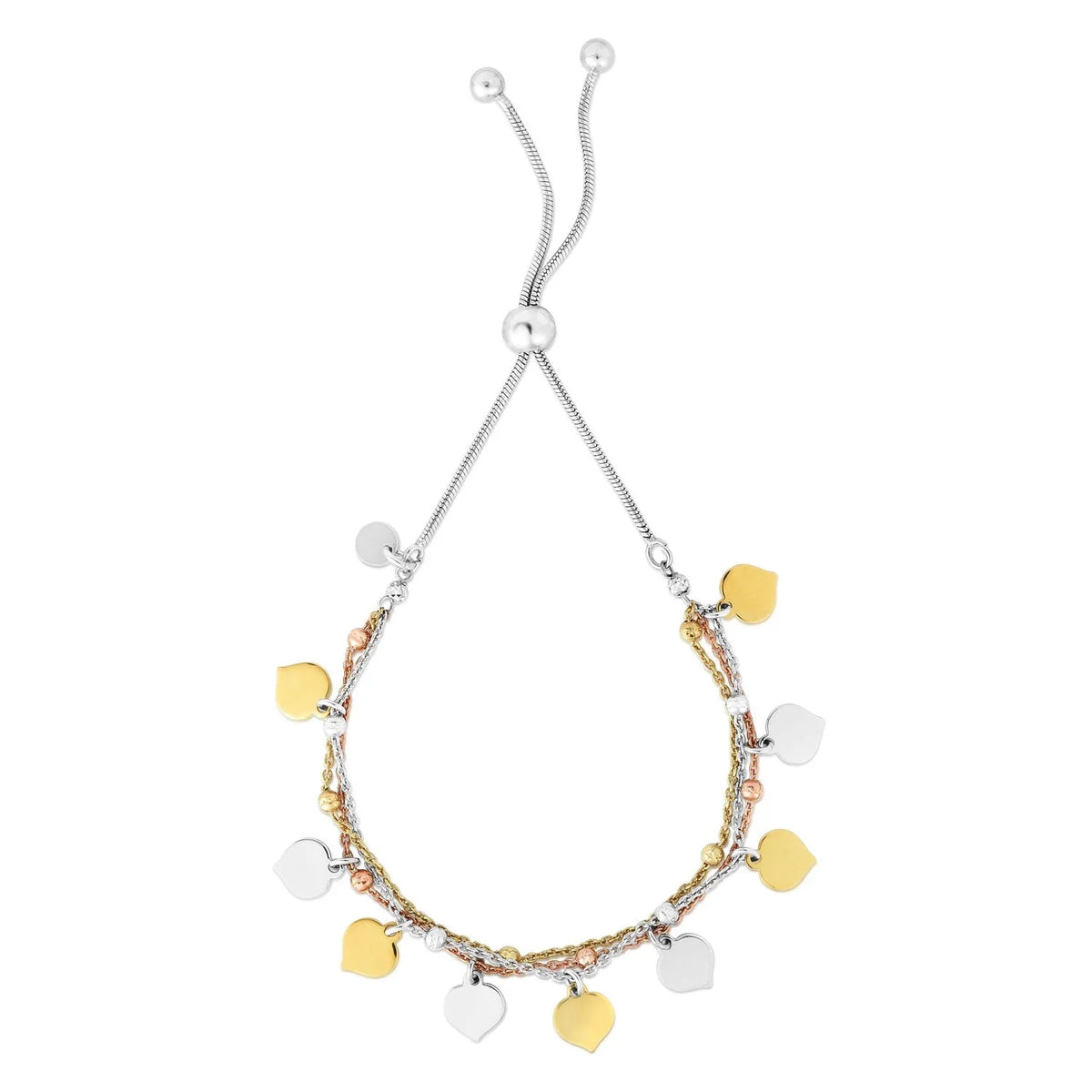 9.25" Draw Charm Dangle Tri-Color Jewelstop Friendship Polished with String Finish - Bracelet Sterling Silver