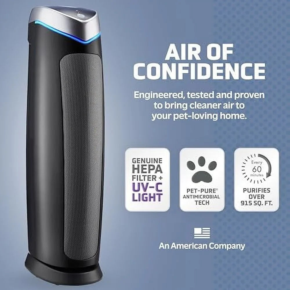 Air 1 Pure Shields Helps Pollutants, Removes 915 Purifier Filter, in Large Genuine Germs, to Hour, 28", Black, up of 13 GermGuardian 99.97% with Reduce AC5250PT Light ft. Sq. Pet -C Rooms