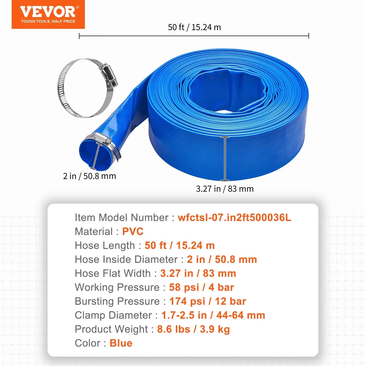 and Lay Discharge Clamps Chemical Filter Pool Premium Defensive 2'' Blue x Backwash with Climatic 50' Hose Hose Swimming Flat