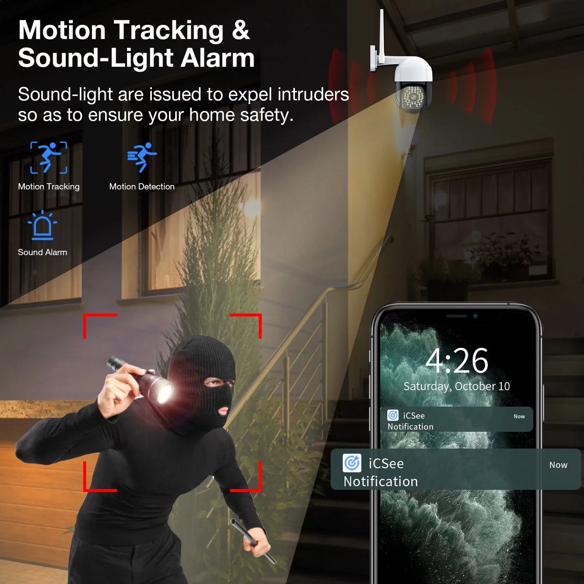Door Audio 360° 2 Home WiFi, Siren, Cameras Color Motion WiFi Plug in) Camera View, Vision Outdoor Camera, 2K with Security (2.4Ghz Way Night Detection, Full Camera