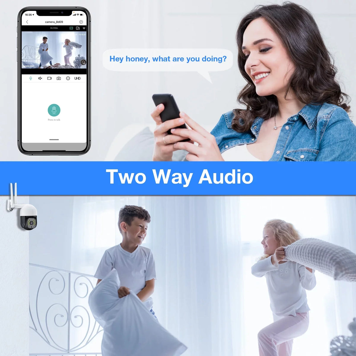 Door Audio 360° 2 Home WiFi, Siren, Cameras Color Motion WiFi Plug in) Camera View, Vision Outdoor Camera, 2K with Security (2.4Ghz Way Night Detection, Full Camera