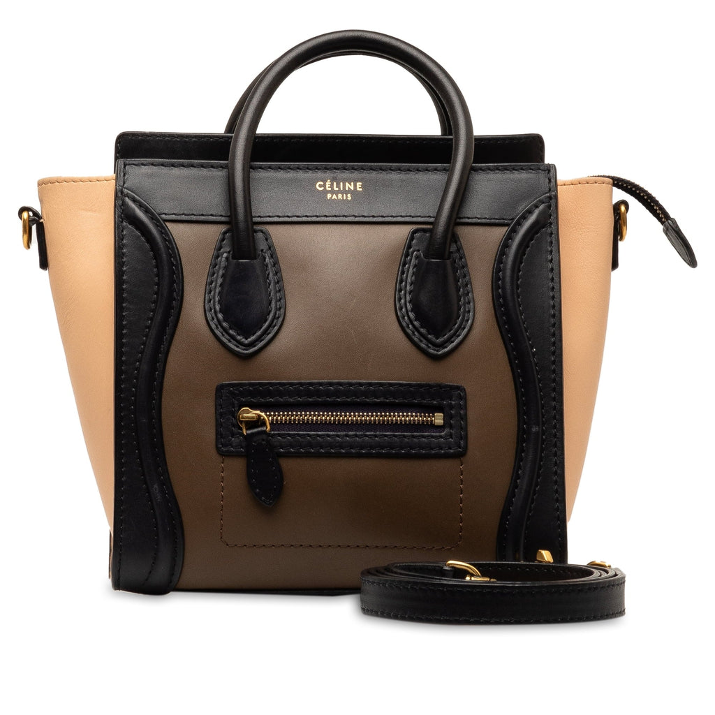 Calf Satchel Authenticated Pre-Owned Luggage Tricolor Tote Leather Brown (Good) Unisex Celine Nano