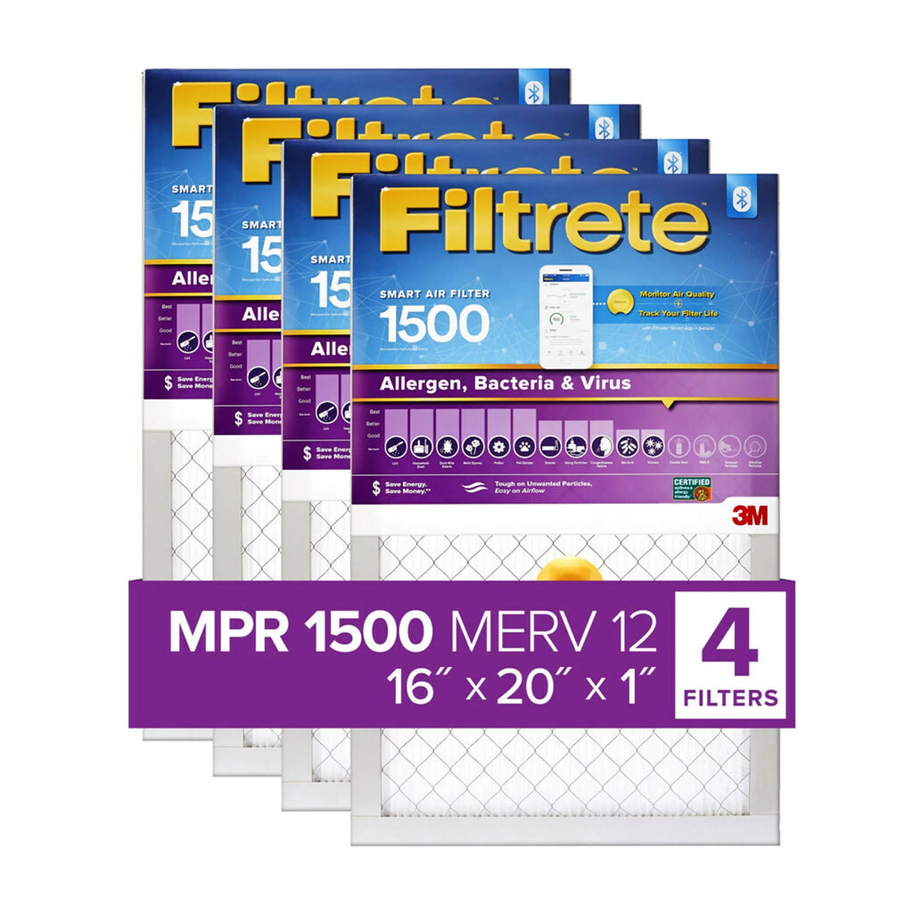 Viruses, & and 1500 4 Bacteria Air Virus Bacteria, 12, Allergen, 16x20x1, Filtrete by , Filter, Captures Filters 3M, Smart Furnace Allergens,
