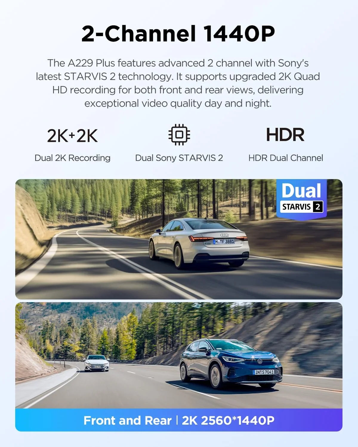 , lb Plus Front 2CH Rear Sensors, with Dashcam 2 A229 Dual 1.87 1440P+1440P Camera