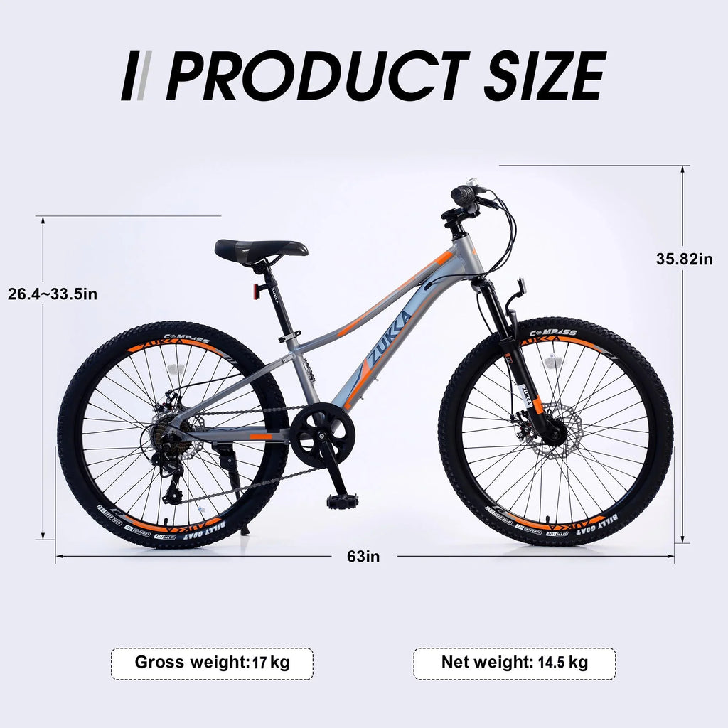 Assembled, Boys, 85% 7-Speed 24 Kids Mountain Brakes, Disc inch Girls Gray with and for Bikes Shimano Mountain Bicycle