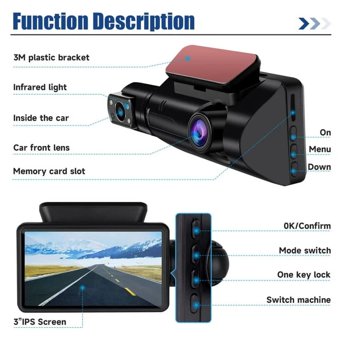 Dash Camera 1080P G-Sensor Dash Loop Vision Wide Angle Recordin Front Night Cam and 170° Rear