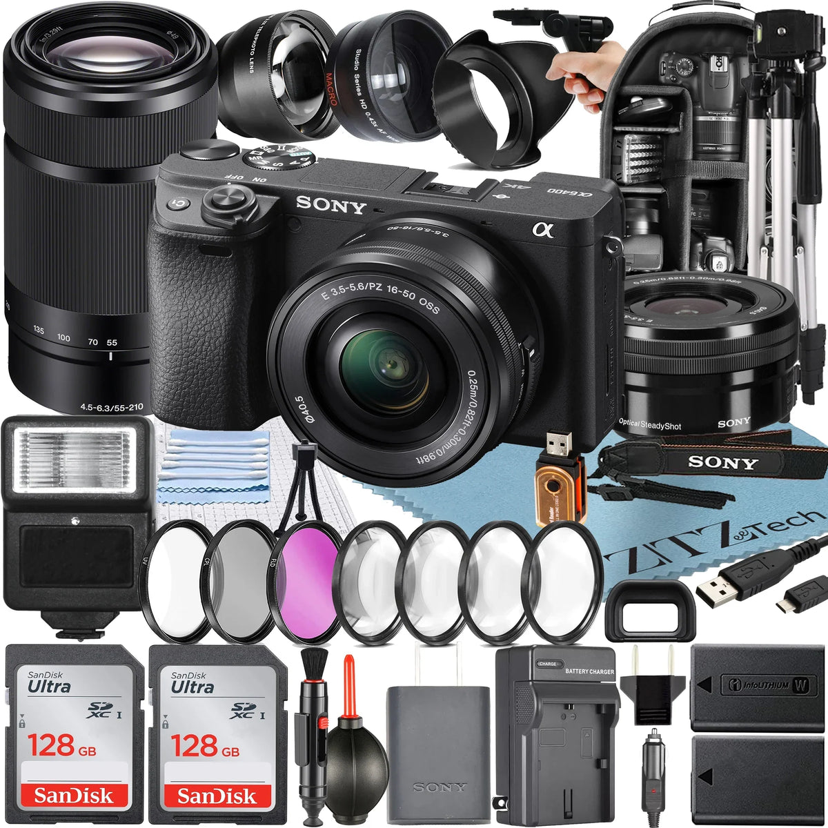 2 Sony Lens SanDisk Camera Mirrorless ZeeTech Card Digital Bundle 55-210mm 128GB E Pack Backpack E + 16-50mm Accessory a6400 with + + + Alpha
