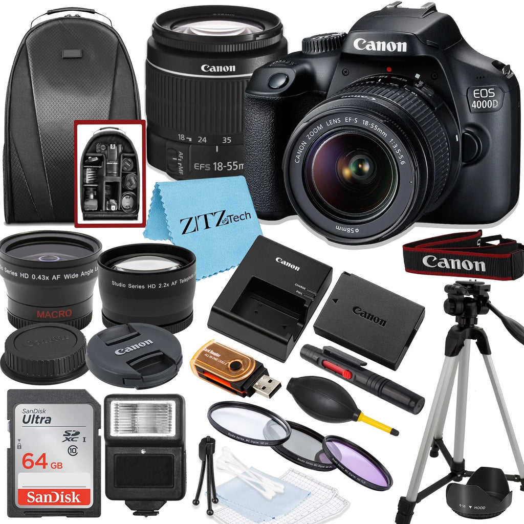 T100 Canon with Backpack SanDisk Lens, 4000D 18-55mm and Camera ZeeTech Bundle Rebel 64GB Tripod, Memory, /
