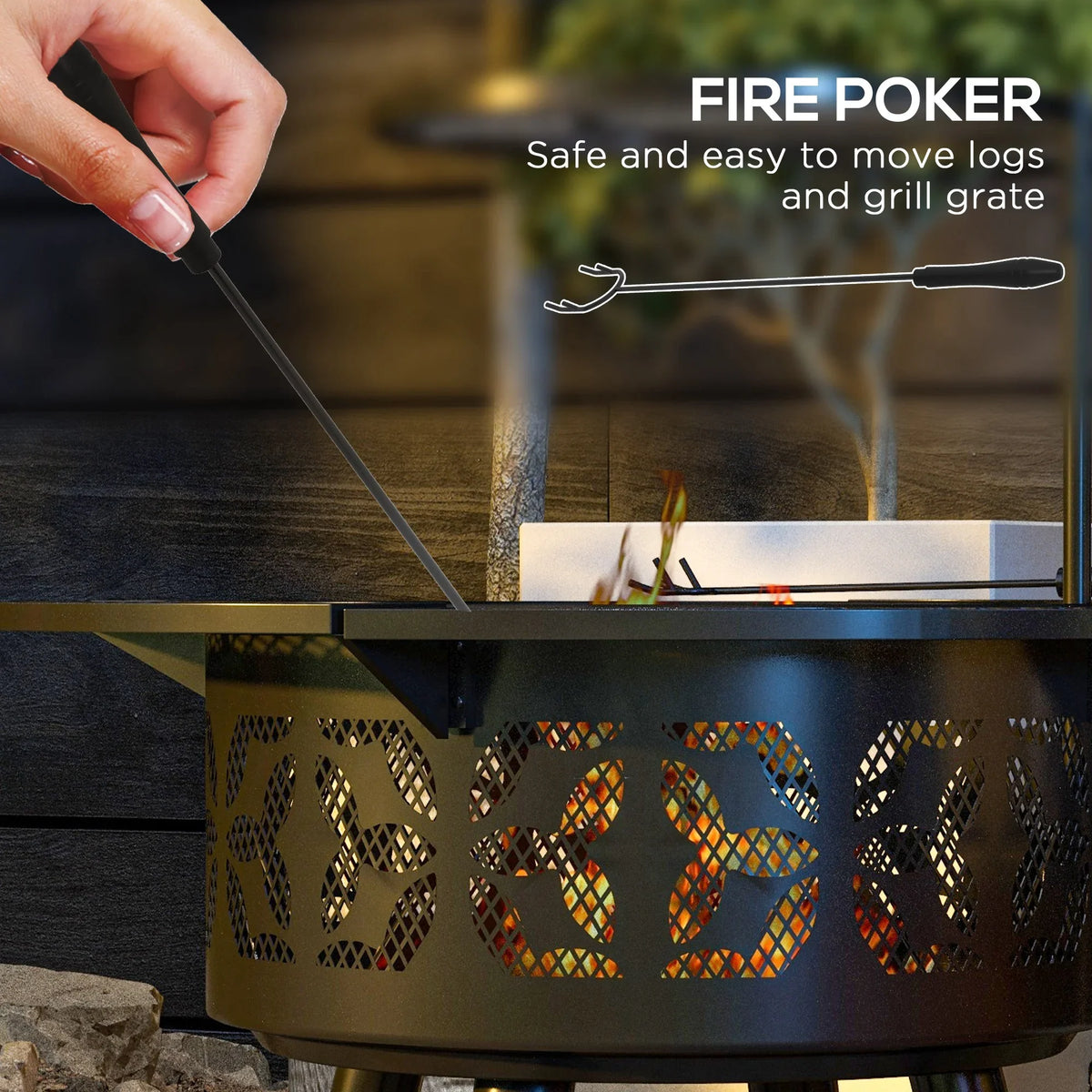 Grate Round, Wood Adjustable and with Poker, Pit Picnic, Black Cooking Firepit for Grill Burning Fire Capri Outdoor Backyard, 33" Patio,