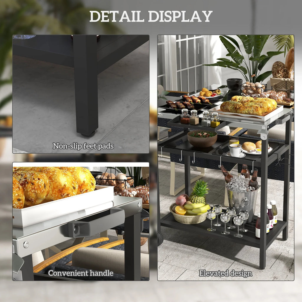 & & Tabletop, Shelf, Wheels, Bag Jars, with Outdoor Serving Hooks, Patio with Tiers Garbage with Island Cart 2 Spice Kitchen Seasoning Plates Stainless Towel Black & Bar Cart Holder, Steel