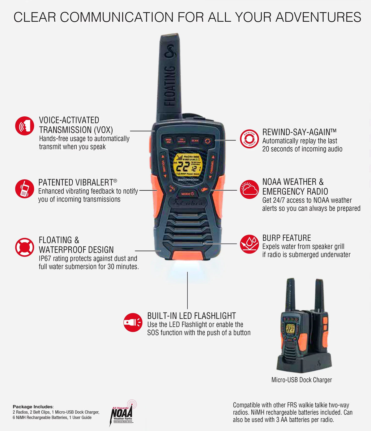 Talkies ACXT1037R- 37-mile (2-Pack) Two-Way Cobra Range Radios Rechargeable Walkie Floating, -