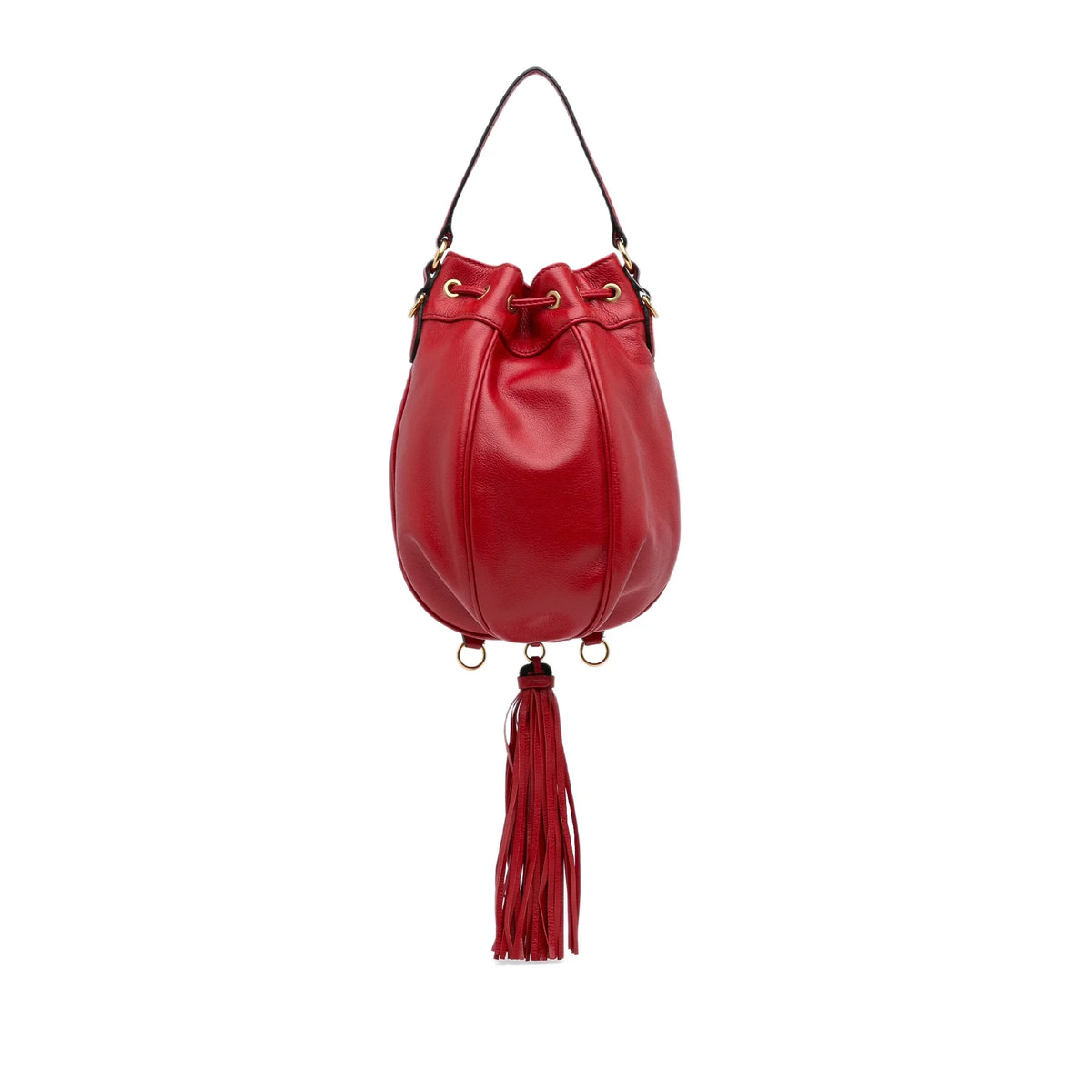 Miu Unisex Bucket Leather Accent Bag Pre-Owned (Good) Red Calf Tassel DrawstringBag Authenticated Miu