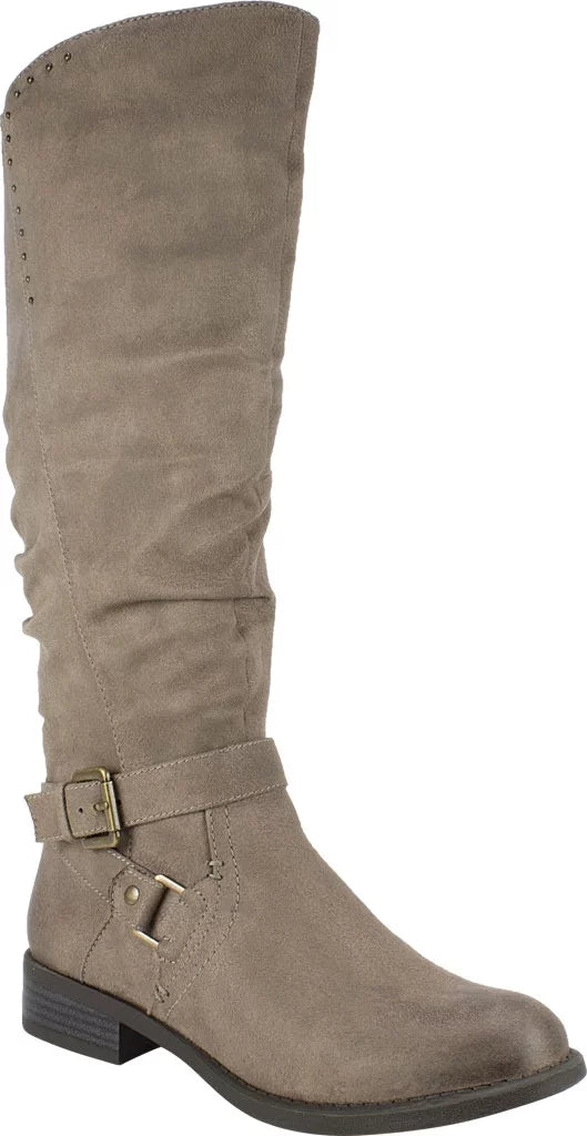 Womens M Accent Boot Beige Gore Liona Riding Round Cushioned 5 Wide Stretch Toe Buckle Ruched Zip-Up Studded Calf Block Heel