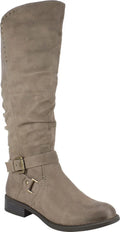 Womens M Accent Boot Beige Gore Liona Riding Round Cushioned 5 Wide Stretch Toe Buckle Ruched Zip-Up Studded Calf Block Heel