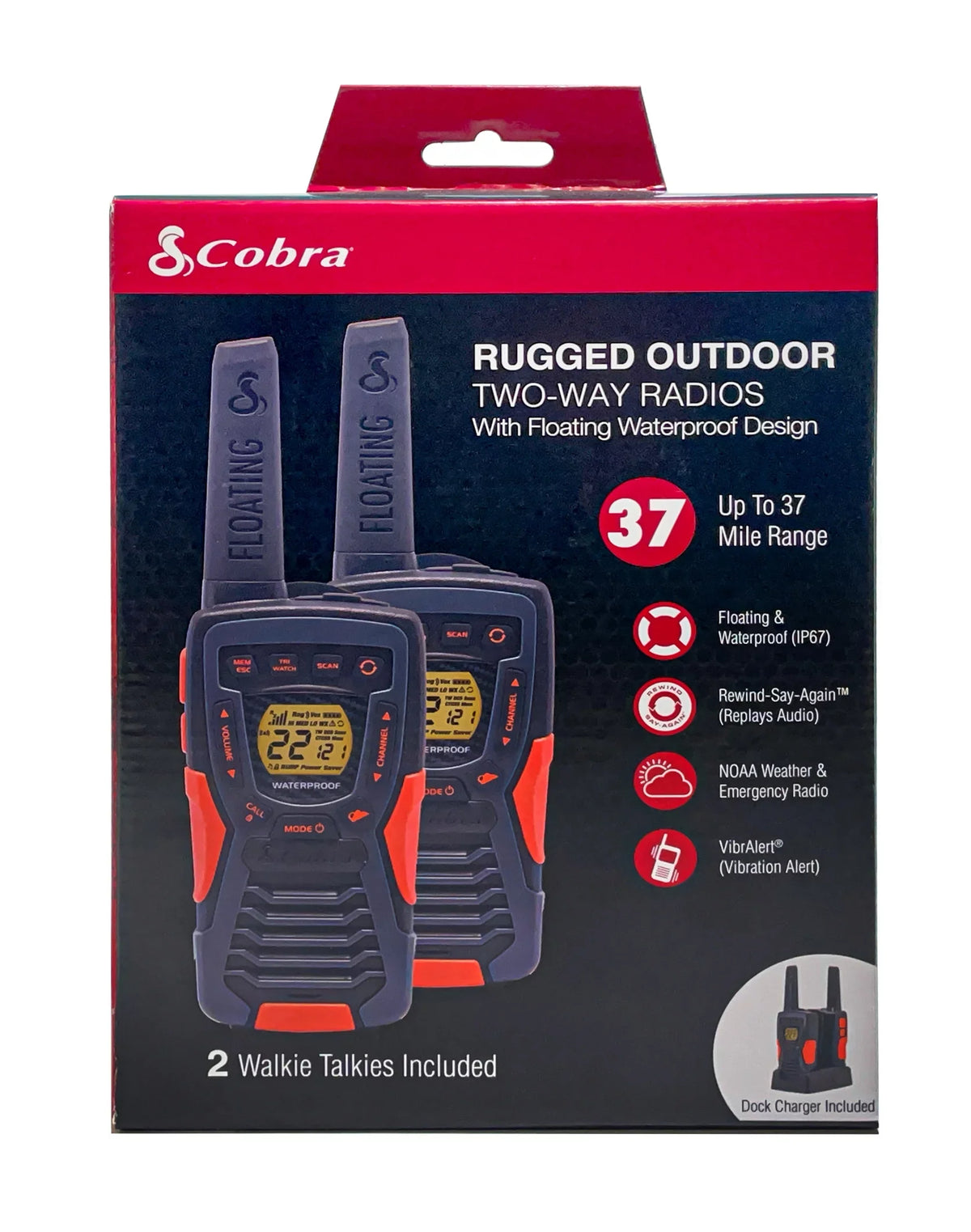 Talkies ACXT1037R- 37-mile (2-Pack) Two-Way Cobra Range Radios Rechargeable Walkie Floating, -