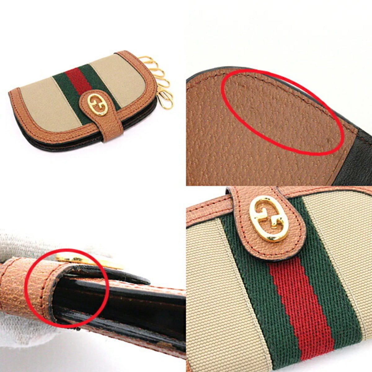 Key Old 6 (Good) Rows Web Sherry Stripe Beige Line Canvas/Leather Case Gucci Green/Red/Green Pre-Owned