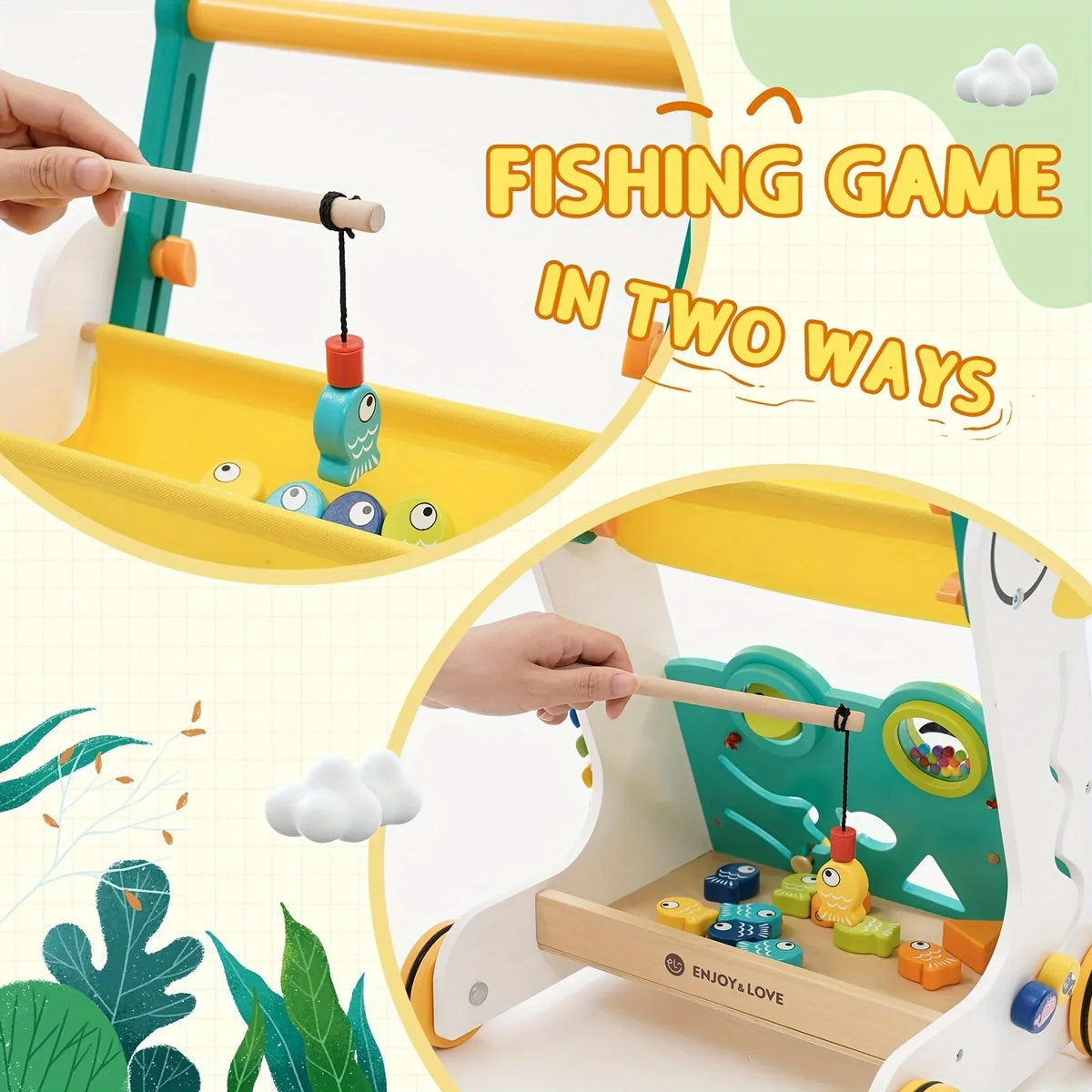 Multiple for Baby Learning Baby Infants Kids Activity Push Toddler Walker Along Toy Entertainment Sit-to-Stand Wooden Boys Push Walker Girls Trolley Sorter Shape with Fishing Center Xylophone