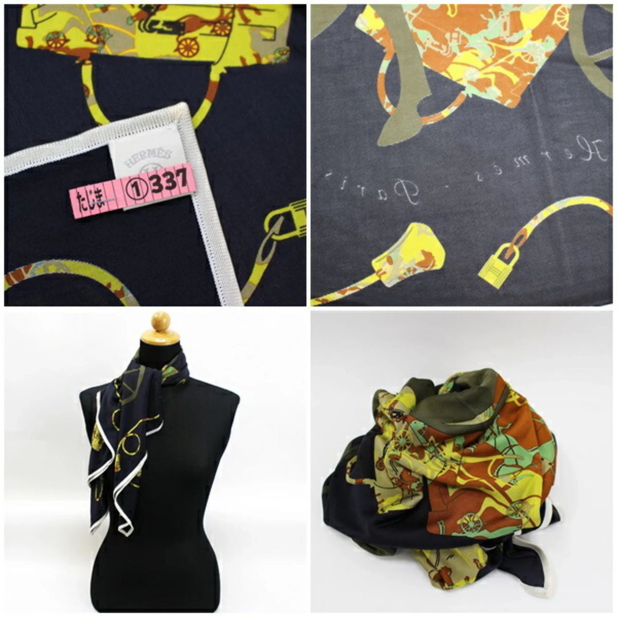Kelly's Caleche" Carriage Scarf Hermes Black Pre-Owned Carre en 90 "kelly (Good) Silk Muffler Women's