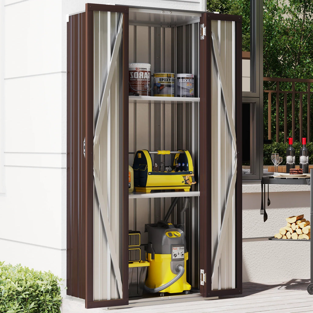 Metal Indoor for Garage& Shed Brown Cabinet Doors Outdoor/ Organizer Storage with Garden 70" in and Storage Shelves