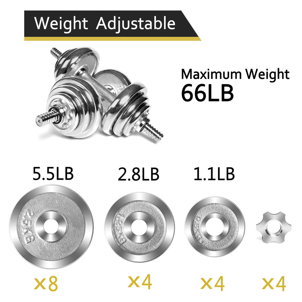 Household Weight Fitness Dumbbells Silver 66LB Dumbbell Gym Adjustable for Exercise, Set Barbells Detachable