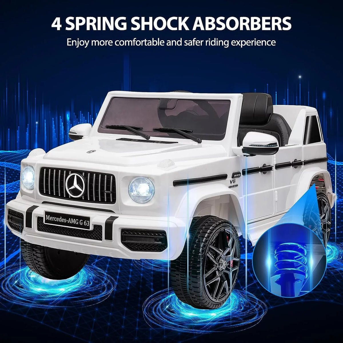Safety Lock G63 , Kids Ride Control, Powered Music, on Bluetooth, Light, 12V Spring Benz Battery Licensed Electric Vehicle, Horn, White Electric Mercedes Suspension, w/Remote Car Car,