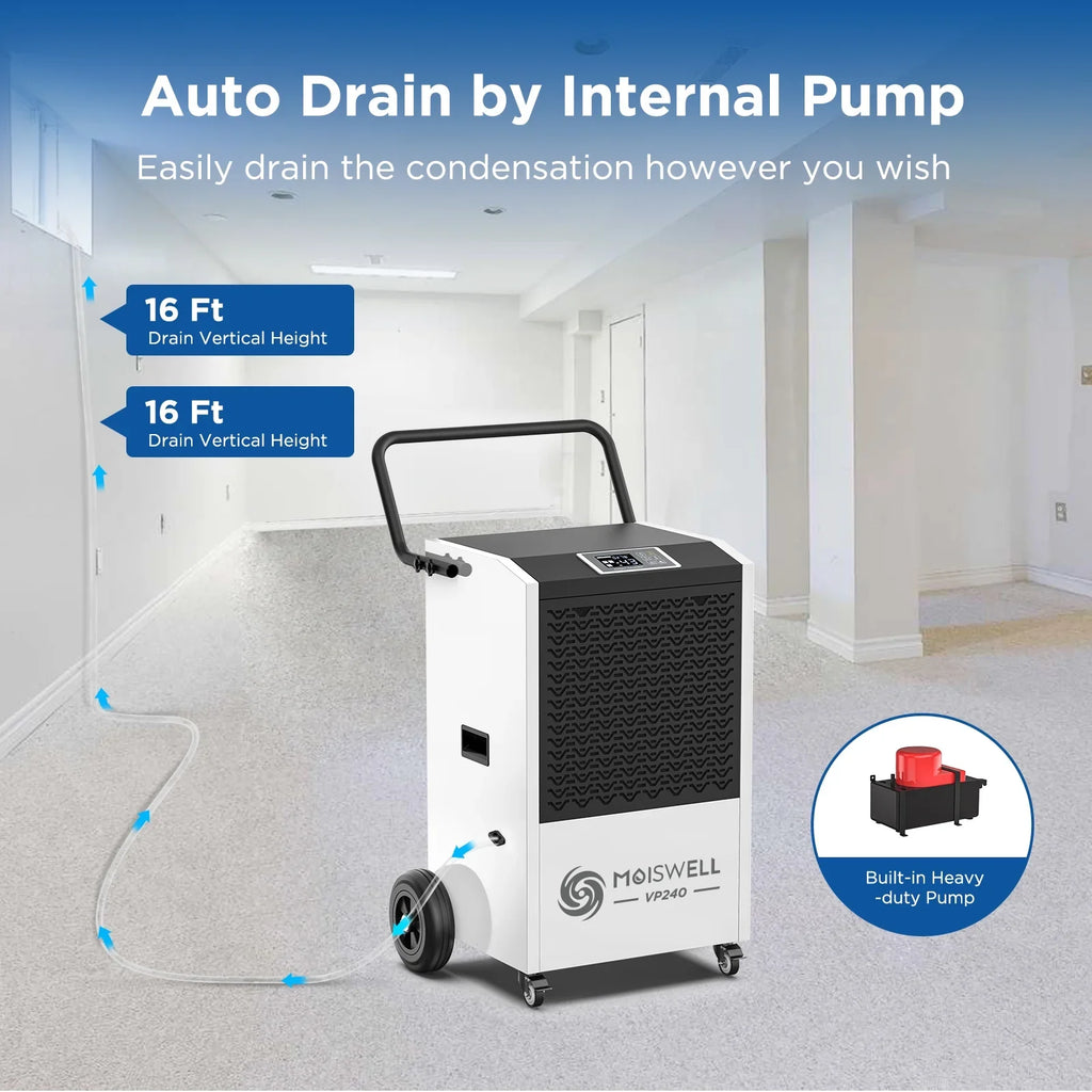 Moisture Defrost, for 240 Moiswell Memory Auto 8,500 Pints Basements, Commercial Pump - for Dehumidifier Spaces Sq Hose Drain Starting Site, Unit Large up Ideal Damage Industrial and to with Ft -