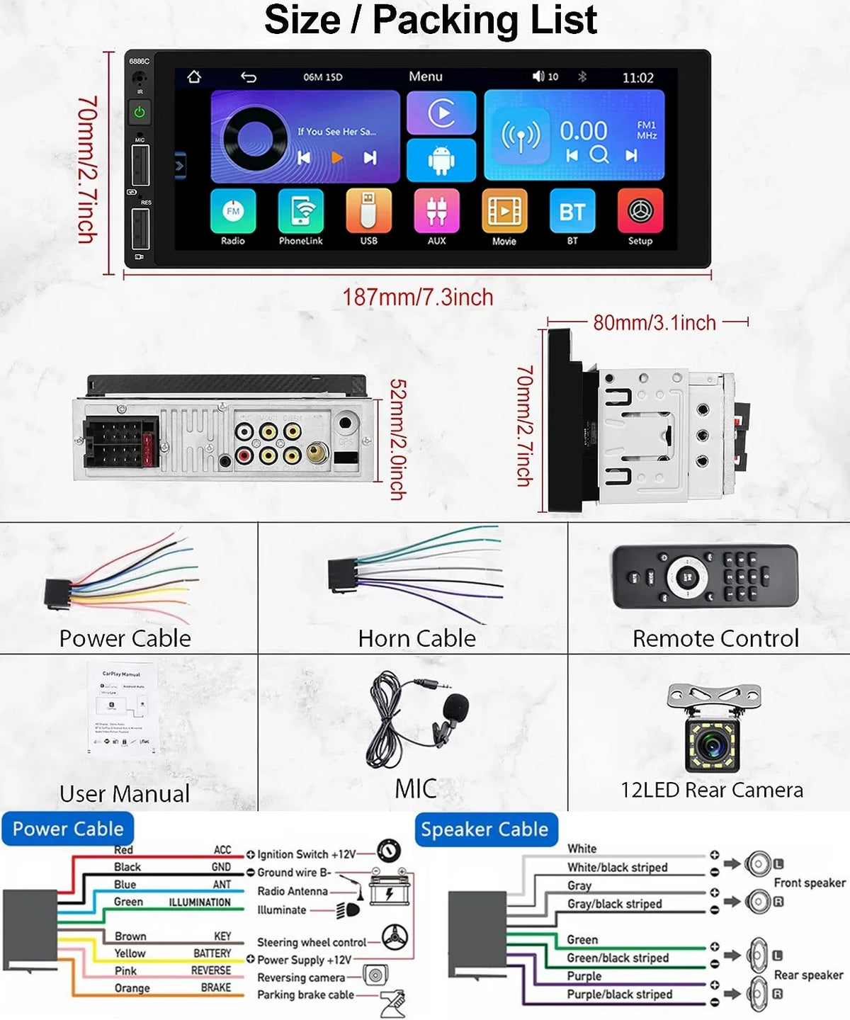 Touchscreen Audio 1 Android Podofo Wireless Player Stereo Bluetooth Link Mic&Backup MP5 Single 6.86'' Mirror Receiver Carplay Multimedia Auto ,with Camera Radio Car Car Din