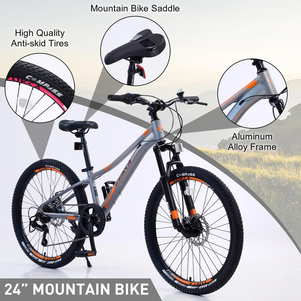 Assembled, Boys, 85% 7-Speed 24 Kids Mountain Brakes, Disc inch Girls Gray with and for Bikes Shimano Mountain Bicycle