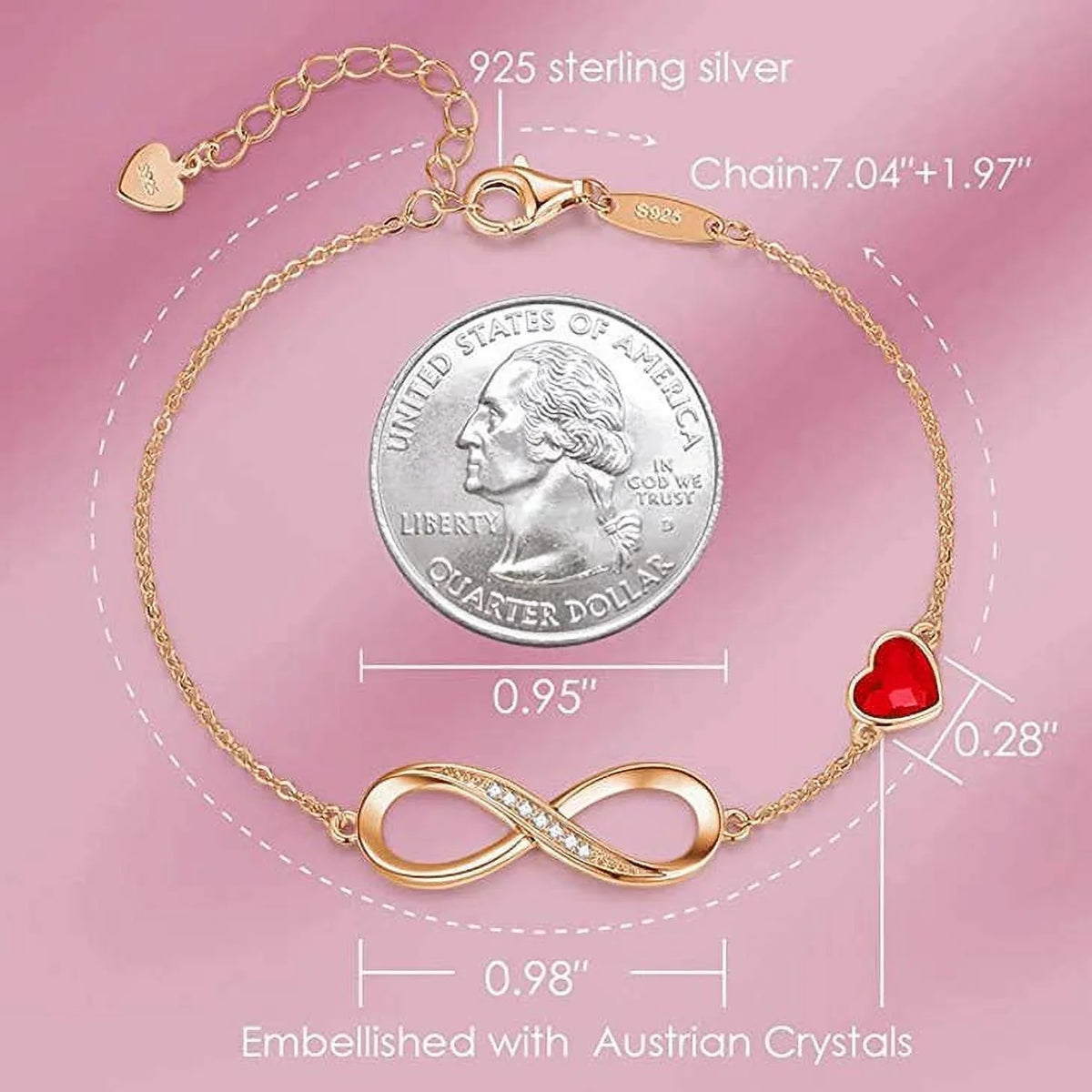 Gold Crystal Silver 925 Sterling Red Rose Bracelet Infinity
