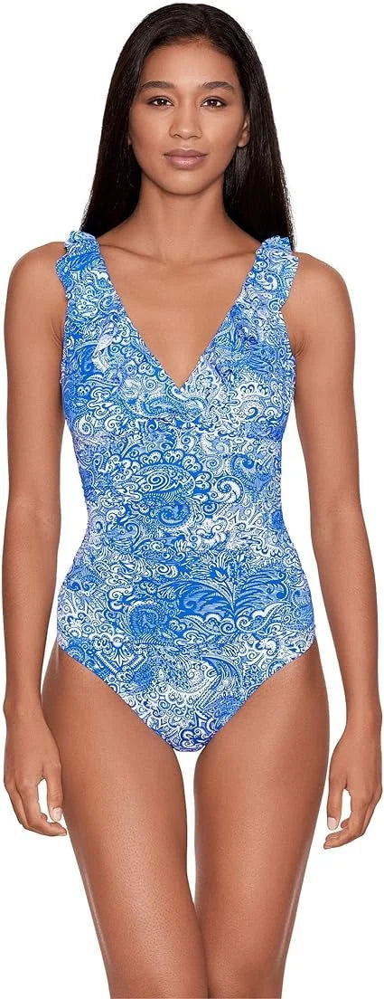 Tummy-Control Printed One-Piece Lauren Ralph Ruffled Swimsuit