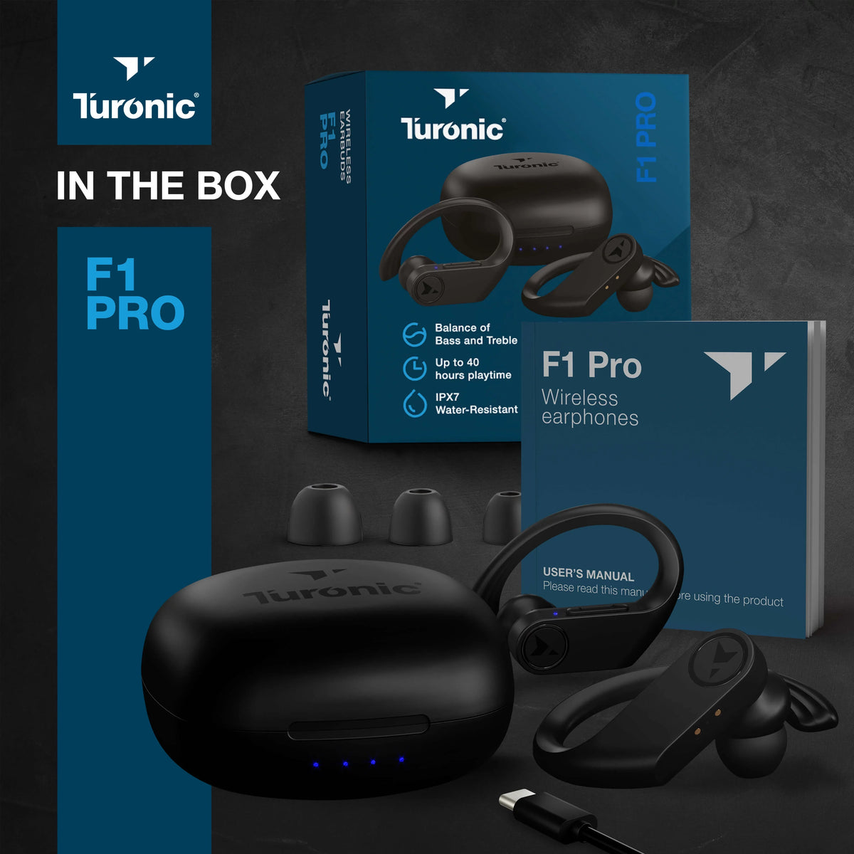 Earhook - for Charging Pro F1 Turonic Earbuds Headphones IPX7 Wireless Wireless True - 45H Running, Mic, Gym, case, with Sport w/Microphone Black Workout Playtime, - - Earphones Bluetooth Moistureproof