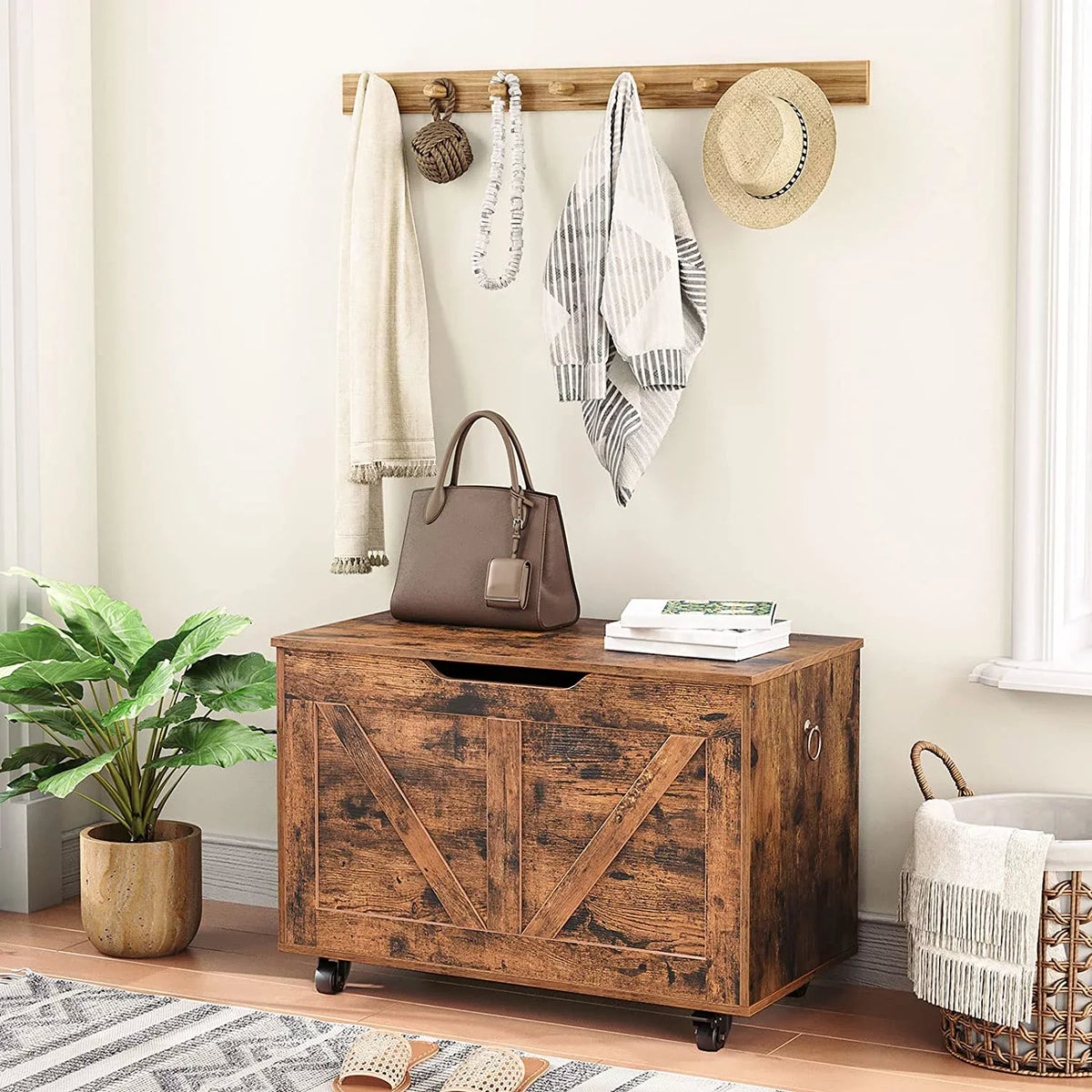 Hinge, Brown Assembly, Movable, Safety Entryway Wheels, Easy Supports Shoe Bench, lb, Wooden Bench Chest, Rustic Sturdy U-Shaped Storage Trunk Opening, on Storage Storage FG74CW01 220 Bench,