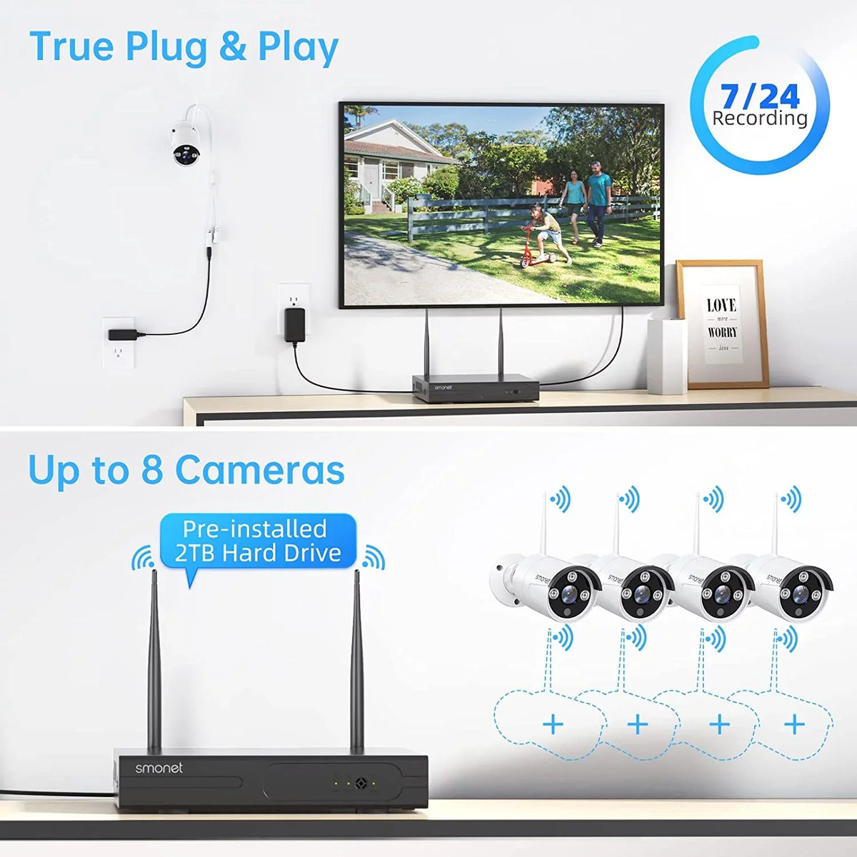 Indoor System Surveillance Channel Security 2TB , Vision, Audio than 8 1080P,Night 3MP Detection Outdoor Wireless WiFi System,Clearer Cameras 4Pcs Kits, Human with Camera with
